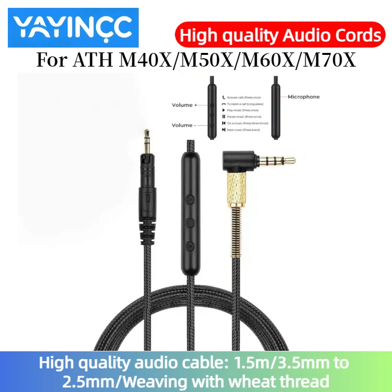 

High quality audio cable For ATH M40X/M50X/M60X/M70X Headset 3.5mm to 2.5mm plug with microphone braided wire