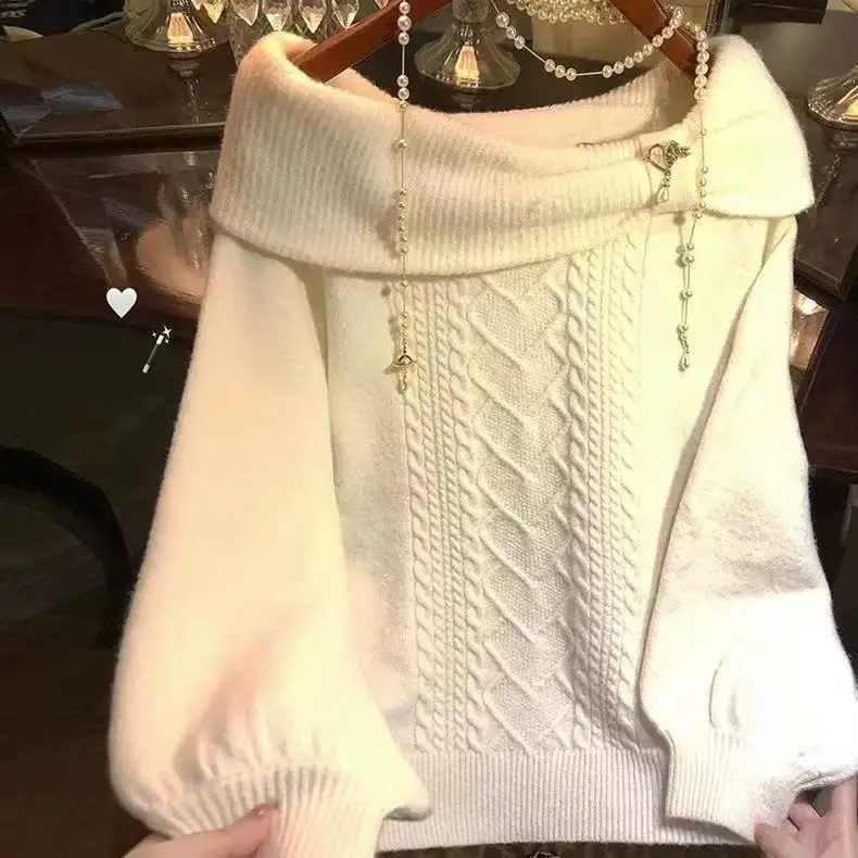 Herbst Winter Süße Spitze Gestricktes Hemd Frauen Eine Schulter Hängenden Hals Japanischen Süße Ästhetik Vintage Langarm Tops Neue