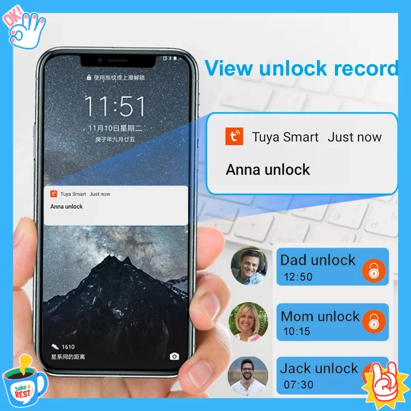 

2026new Tuya Fingerprint Bluetooth Smart Home Door 20 Groups Fingerprint Safe Backup Key USB Charging For Home Hous