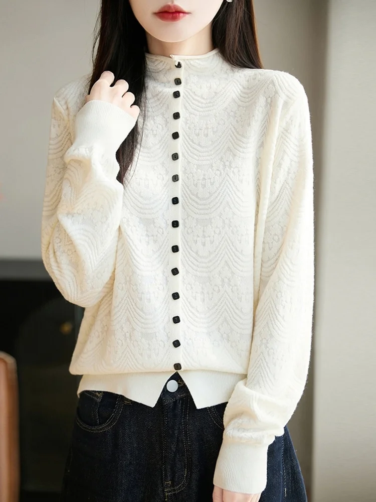 

Button Design Classic Retro f High Collar Single Button Knitted Open Cardigan Women Versatile Ele Sweater Jaet