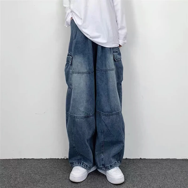 Japanese Retro Wide-leg Jeans Big Pocket Overalls Men Casual Loose Wide Leg Jeans Summer Autumn Fashion Straight Pants