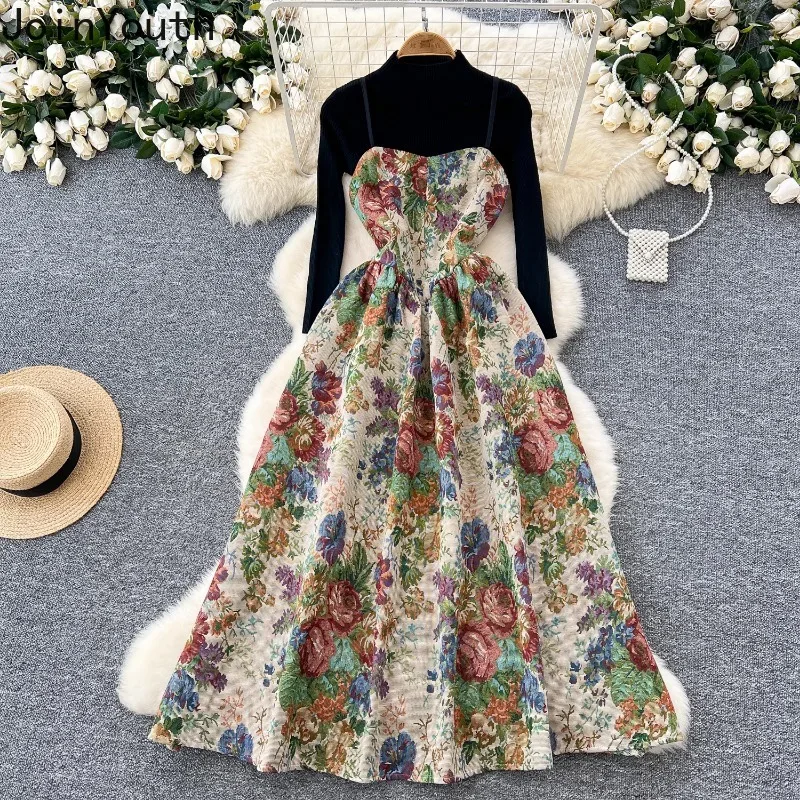 Vintage 2 Piece Set 2024 Women's Clothing Knitted Pullovers Floral Embroidery A-line Dress Outfits Roupas Femme Korean Chic Suit