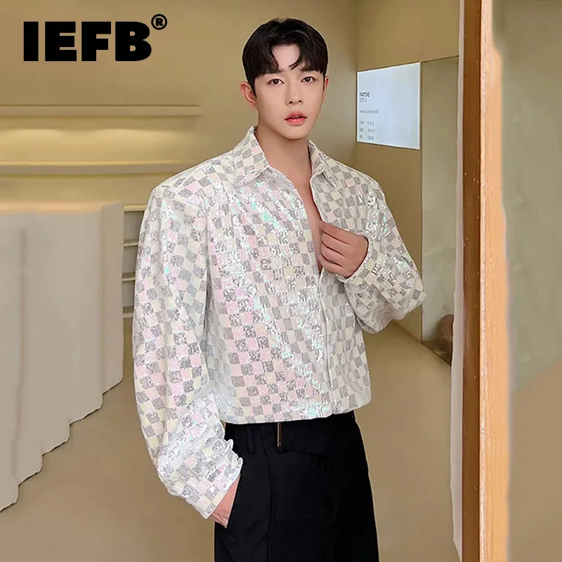

IEFB 2024 Summer Korean Style Men's Shirt Embroidery Glitter Design Male Long Sleeve Shirts Turn-down Collar Performance 9A5052