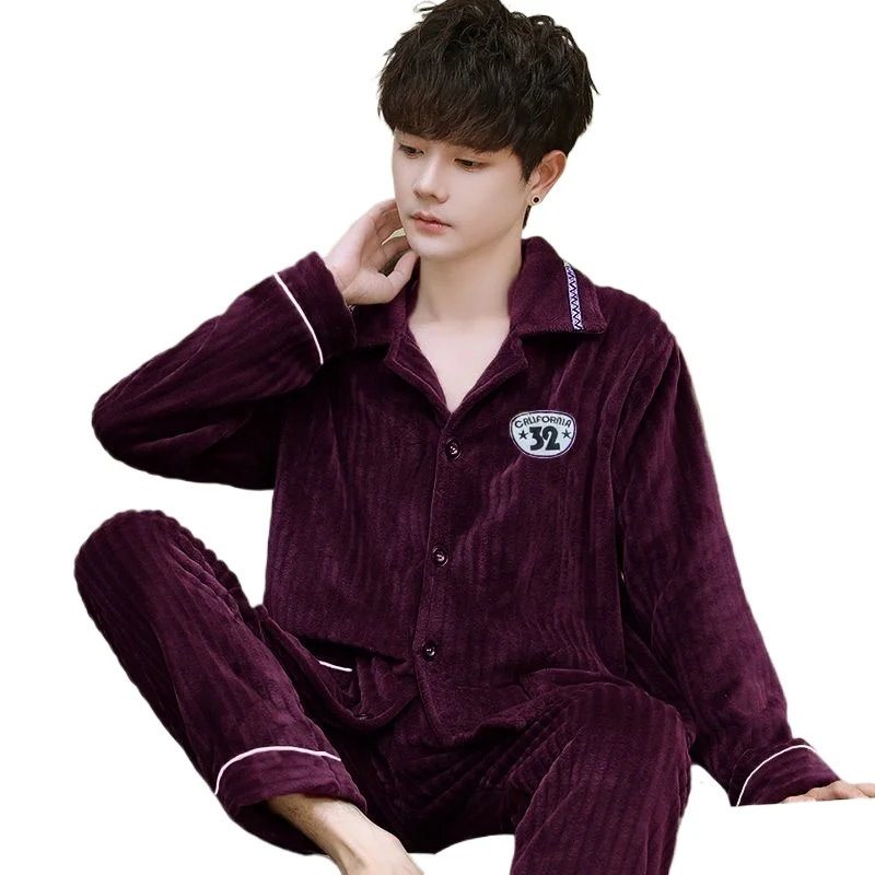 Men's Pajamas New Spring  Autumn Suit Fleece Coral Fleece Loungewear Flannel Men's Thickened Underwear Sets Can Be Worn Outside