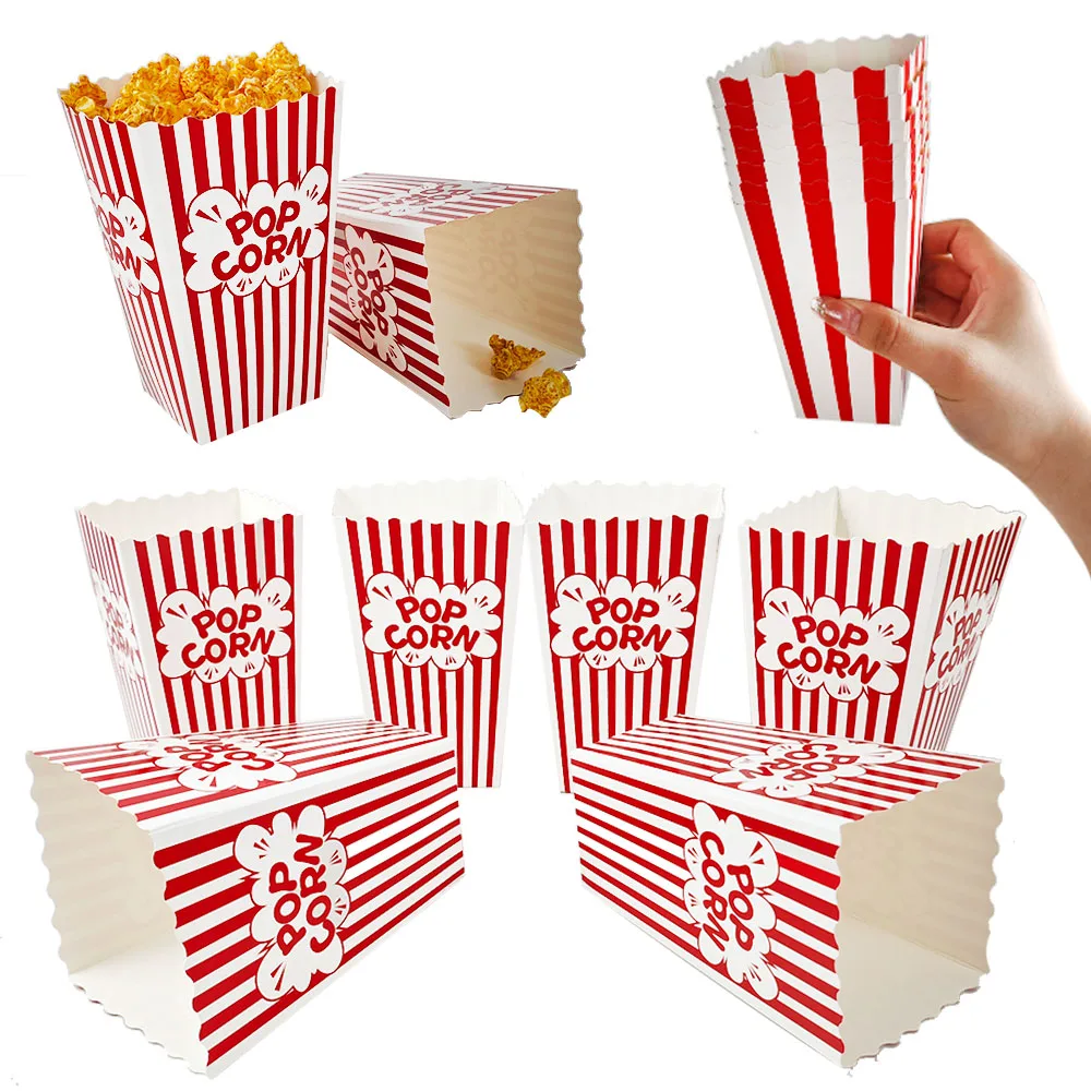 Cajas de papel para palomitas de maíz, bolsas con rayas rojas y blancas, contenedores para aperitivos, suministros para fiestas de cumpleaños, noche de cine, carnaval, 10-50 Uds.