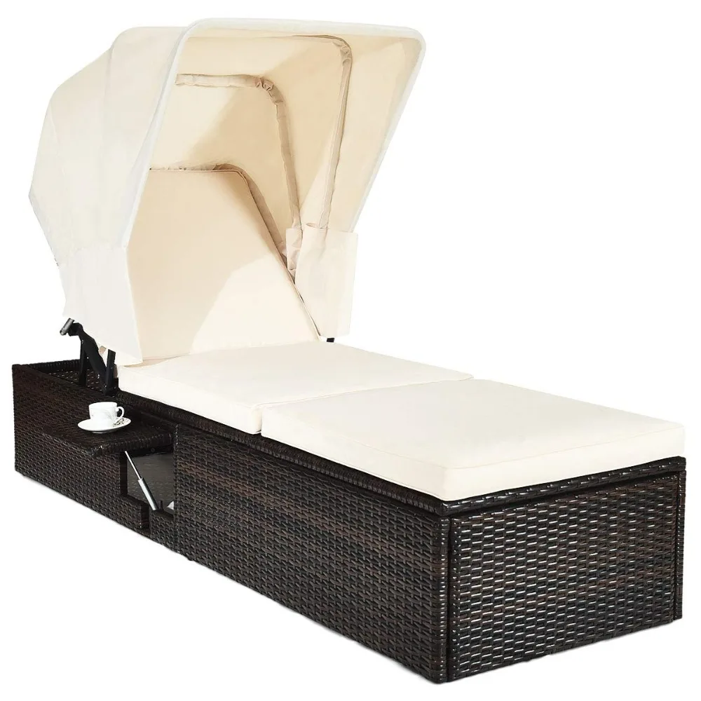

Outdoor Chaise Lounge Chair with Folding Canopy, Adjustable Cushioned Reclining Chair with Flip-up Tea Table, Customized
