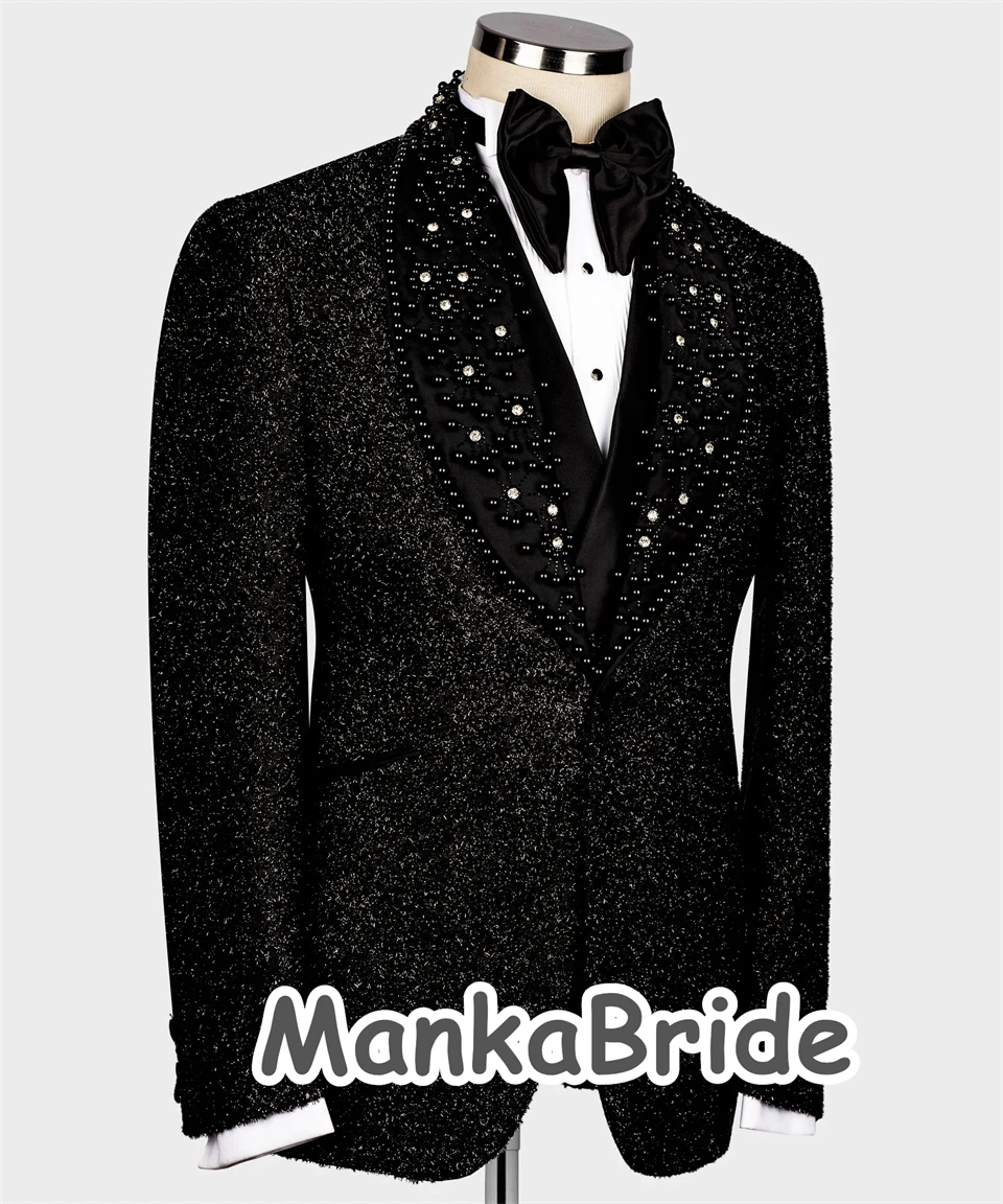 Luxury Men Wedding Groom Suits Glitter Lurex Black Blazer Vest Pants 3pcs  Business Prom Party Gowns