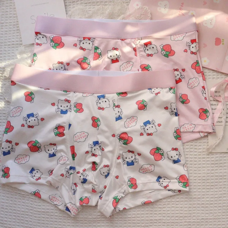 Hello Kitty Kawaii Strawberries Men Underwear Anime Cartoon Cute Printing Boxers Summer Cool Breathable Ice Silk Boyfriends Gift