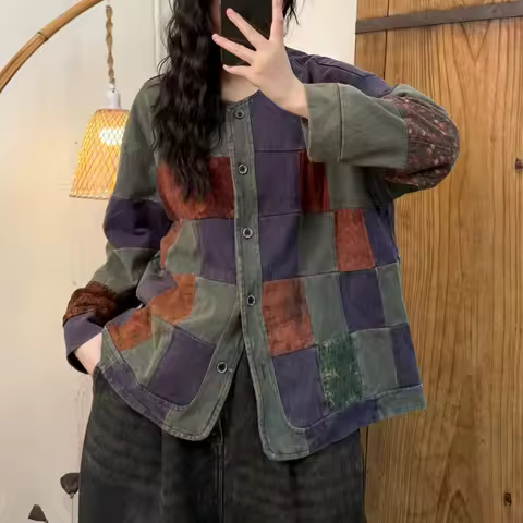 Spring Autumn New Arts Style Women Single Breasted O-neck Loose Casual Coats Patchwork Design Double-deck Vintage Jackets TH119