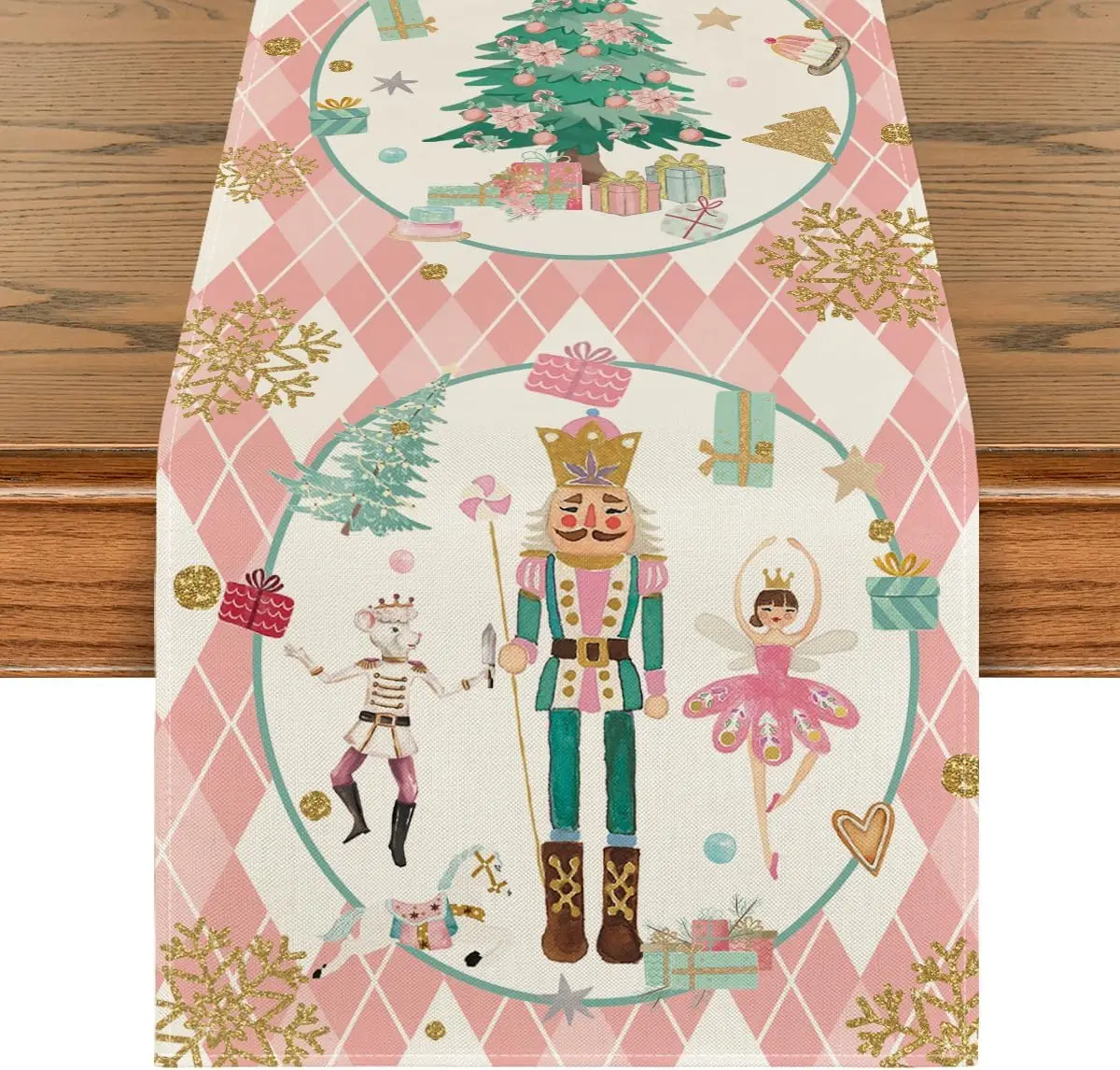 Pink Plaid Nutcracker Snowflake Christmas Table Runner, Winter Kitchen Table Decoration, Suitable for Family Party Decoration