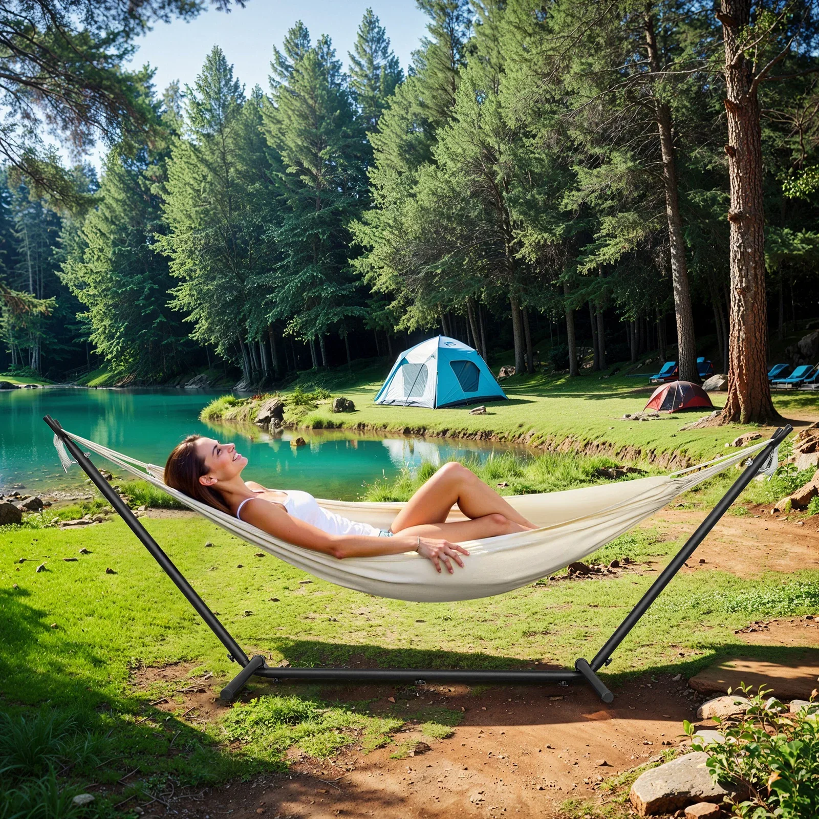 

Double Hammock with Stand Included 450lb Capacity Space Saving Steel Stand Carry Bag Included Suit for Outside Yard Camping