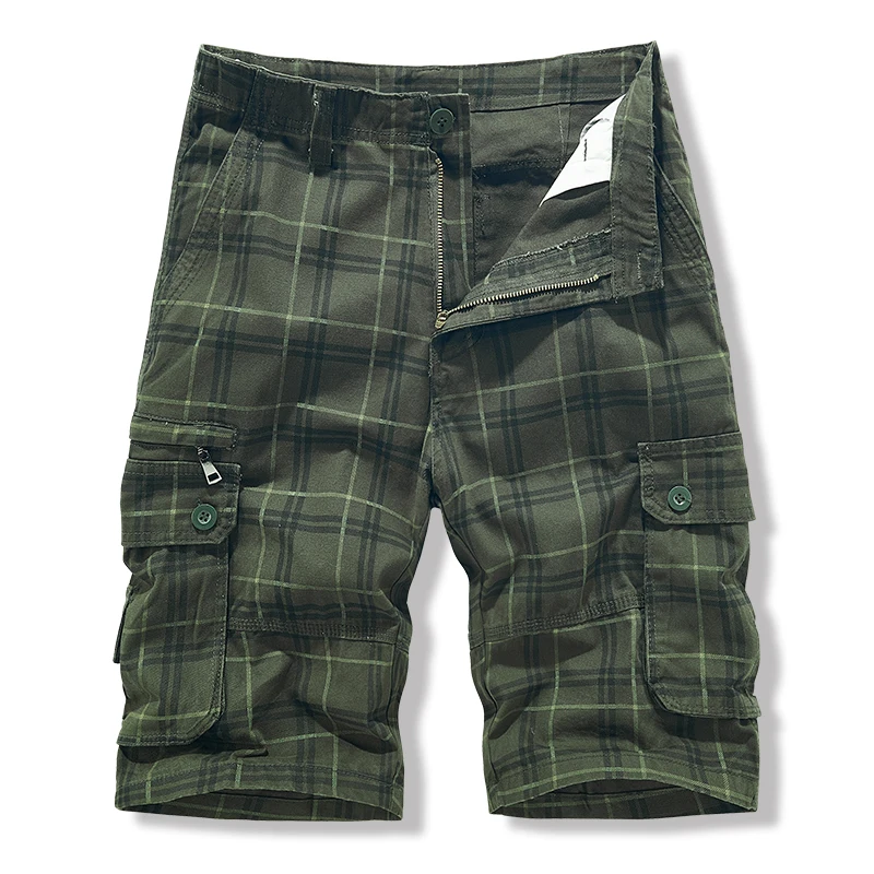 New Men's Workwear Pants, Summer Japanese-Style Pure Cotton Checked Six-Inch Casual Pants, Washed Multi-Pocket Shorts for Men