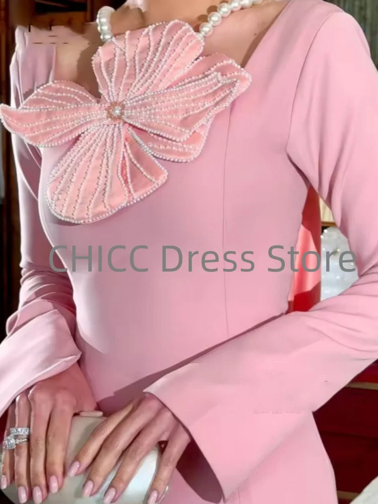 아름다운 이브닝 드레스, 케이프 롱 슬리브 스퀘어 칼라 여성용 정장 가운 핑크 3D 꽃 파티 프롬 드레스 맞춤 제작