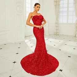 2024 Summer Clothes Women Strapless Backless Red Sequined Wedding Brides Cocktail Prom Evening Party Long Mermaid Dresses