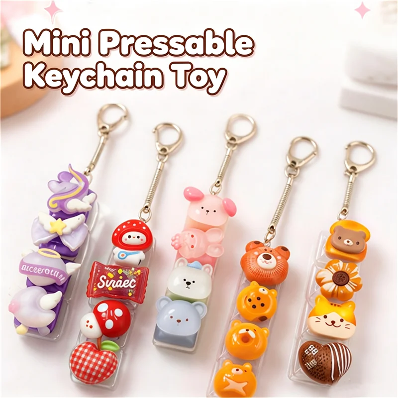 Mini Mechanical Keychain Fidget Toy 4 Keys ASMR Click Sound Cute Cartoon Key Pendant Stress Relief Sensory Toy Gift for Friends