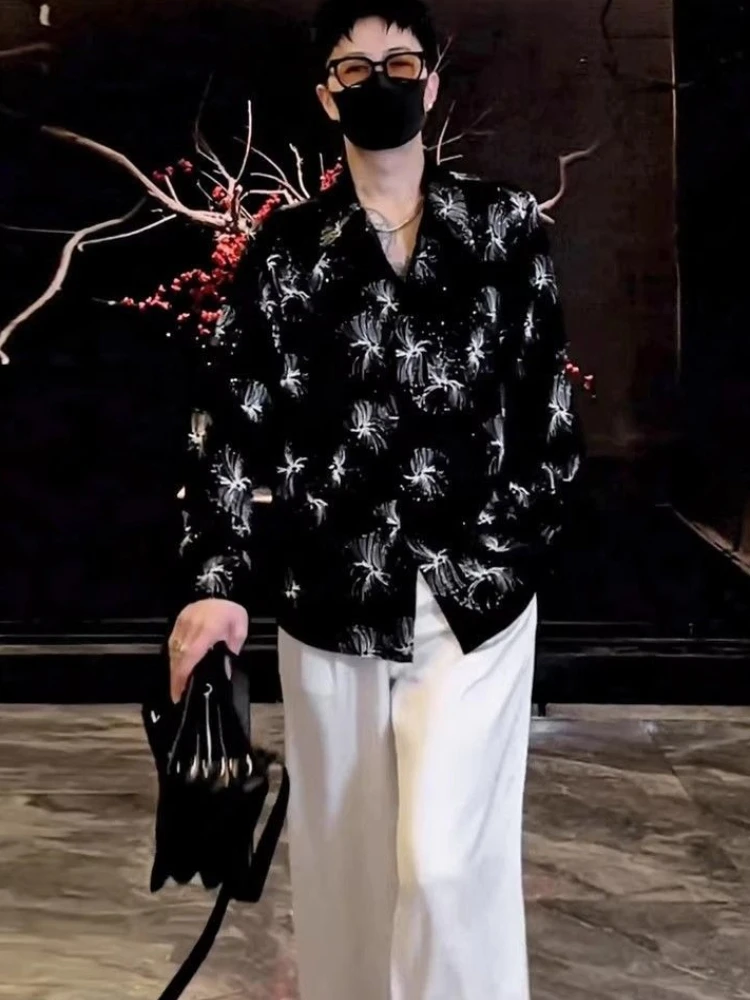 Men's Korean Style Loose Long Sleeve Shirt Rhinestone Print Nightclub Fashion Casual Streetwear Blouse 2026 New Design Top