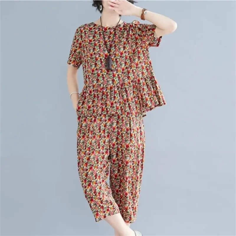 5XL Middle aged Female Pants Suit Cotton Two Piece Set Women Summer Printing Casual Set Top+Pants Two Piece Set Mom Style