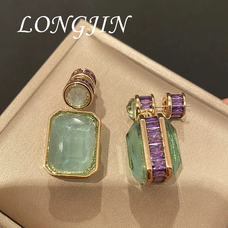 High Quality Luxurious Olive Green Crystal Earrings Micro Inlaid Purple Cubic Zircon Retro for Women Square Pendant Jewelry Gift