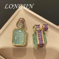 High Quality Luxurious Olive Green Crystal Earrings Micro Inlaid Purple Cubic Zircon Retro for Women Square Pendant Jewelry Gift