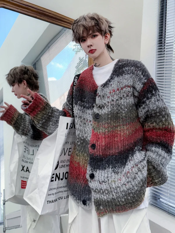 

Мужской вязаный кардиган оверсайз TANGZ Studio с длинными рукавами, винтажный свободный крой, дизайн с рисунком в стиле масляной живописи, зимний вариант