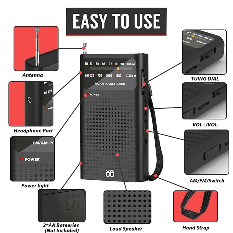 Mini Receptor de Rádio de Bolso para Velho Andando, Portátil AM FM Toda Banda, Estéreo para Caminhadas e Acampamento