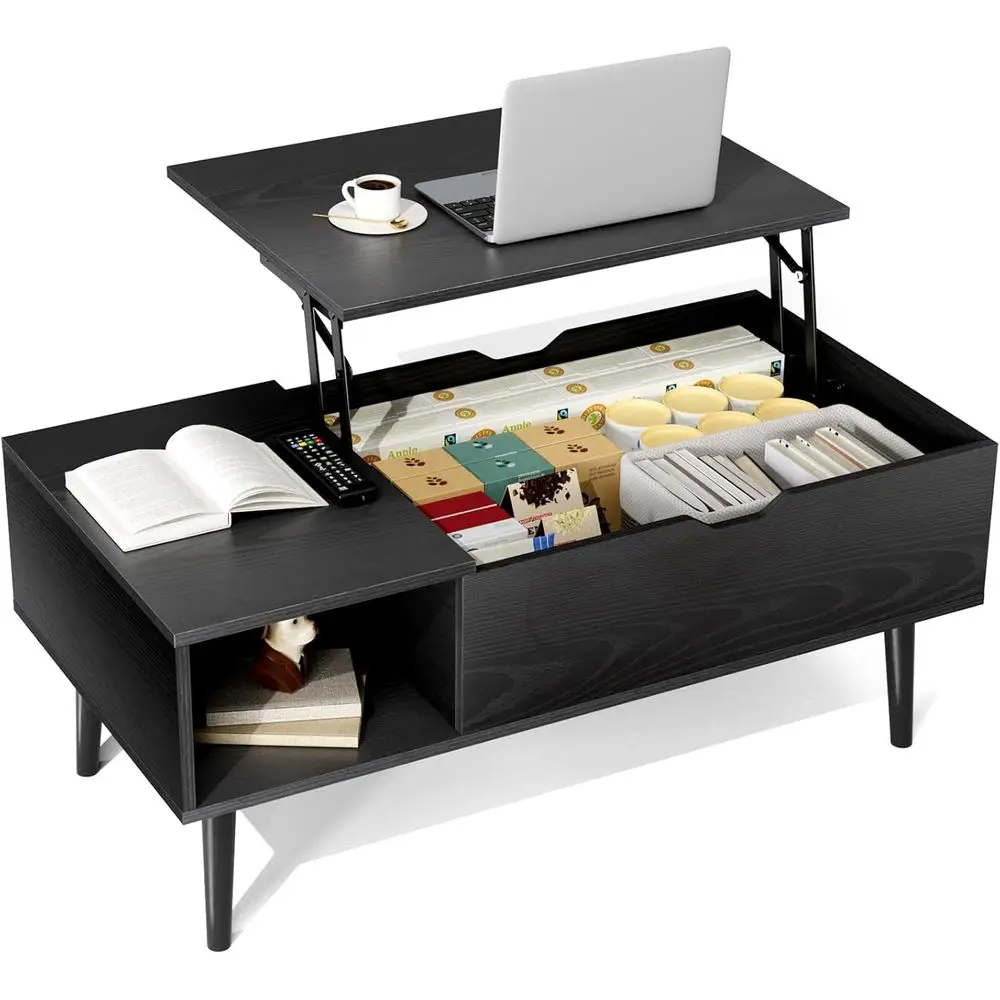 

Lit Top Coee Table with Storage, Wooden Coee Table or Living Room, Hidden Comparent & Open Shel, Small Space Center Table, Black