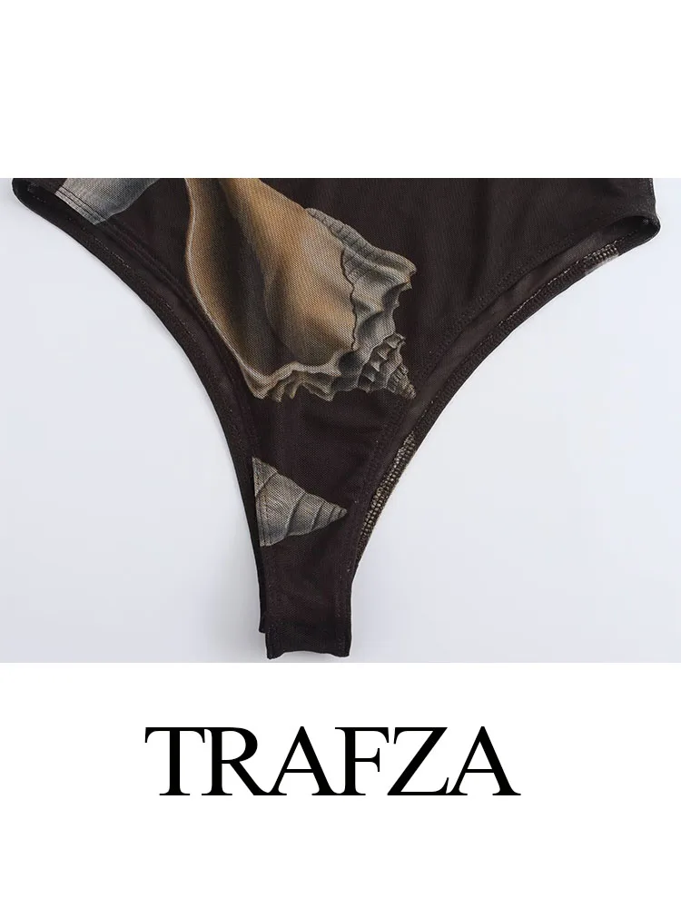 TRAFZA-mono elegante con estampado de conchas para Mujer, traje de cuello redondo con botones, sin mangas, informal, de tul, Verano