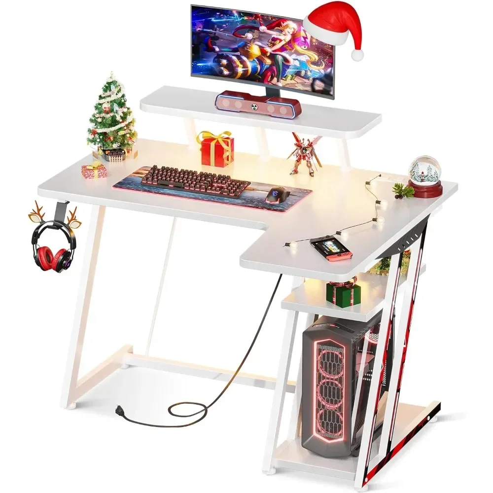 

White Gaming Desk L Shaped with LED Lights, Small Corner Computer Desk 39inch with Power Outlets, Gaming Table with PC