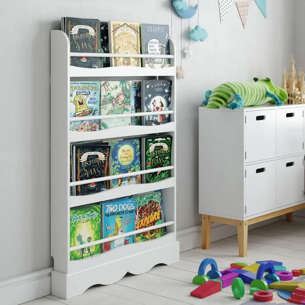 

4-Tier Kids Bookshelf, 4 Wall Mounted Bookcase Rack for Children Study Living Room Bedroom, White Finish