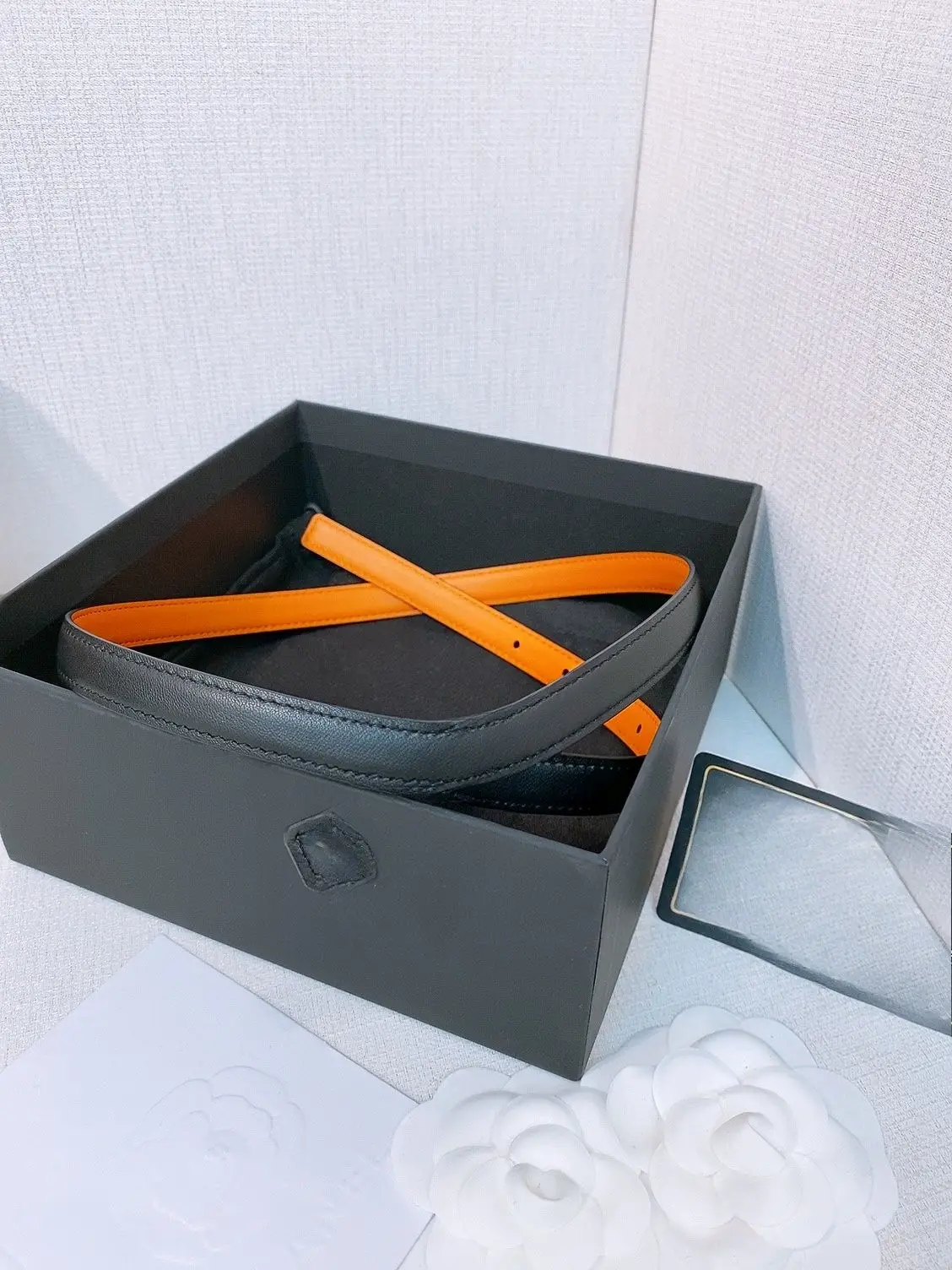 Unisex Reversible Black & Orange Smooth Leather Belt Strap Without Buckle Double Sided Cowhide Waist Belt Replacement Band