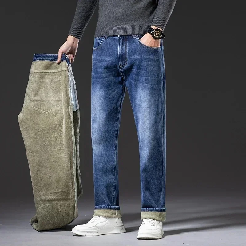 

Men Straight Flocking Thick Trousers Big size 44 46 Winter Thermal Warm Flannel Stretch Jeans Mens Brand Fleece Pants Male