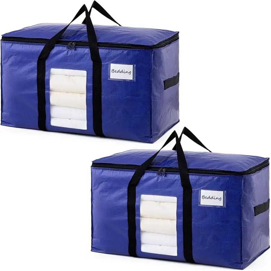 

2 Pack Dark Blue Extra Large Moving Bags, Heavy Duty Totes with Visible Window, Wrap Around Handles, Great for Storage