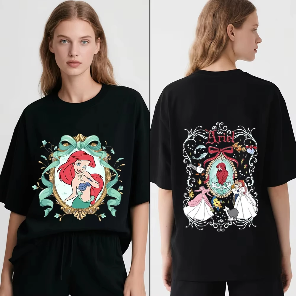 Camiseta con estampado de la Sirenita Ariel de Disney para mujer, camiseta cómoda de algodón para viajes y vacaciones, ropa informal de calle, Top suave de verano