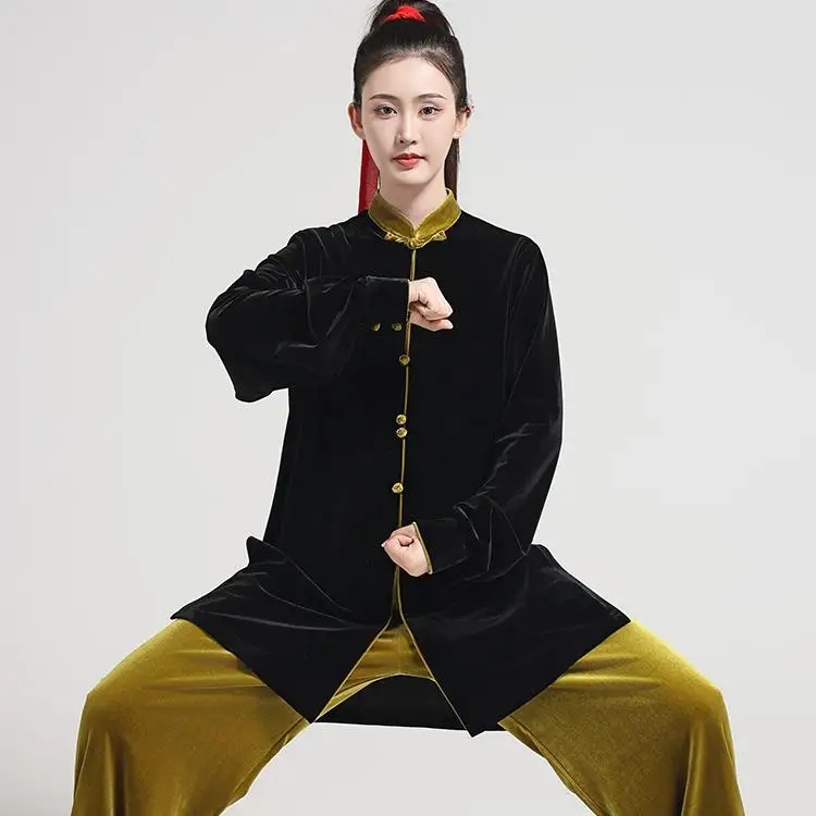 New Korean Velvet Tai Chi Suit, Thick Autumn/Winter Morning Practice Set, Unisex Performance Uniform with Velvet Trim