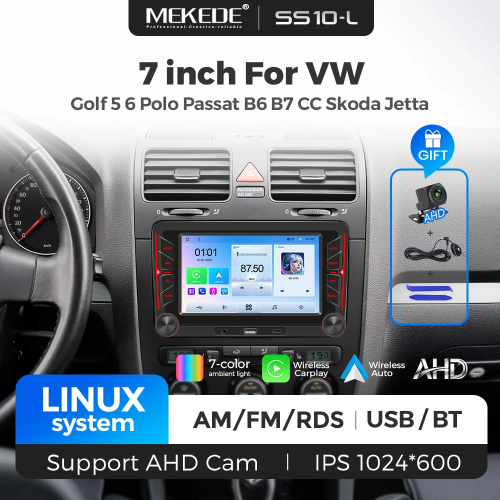 MEKEDE 7" Linux-Bildschirm Kabelloses CarPlay Android Auto Autoradio für Volkswagen VW Golf 5 6 Passat JETTA Skoda Octavia SEAT Polo Jeta Touran Tiguan Caddy Intelligentes System 2 Din Autoradio