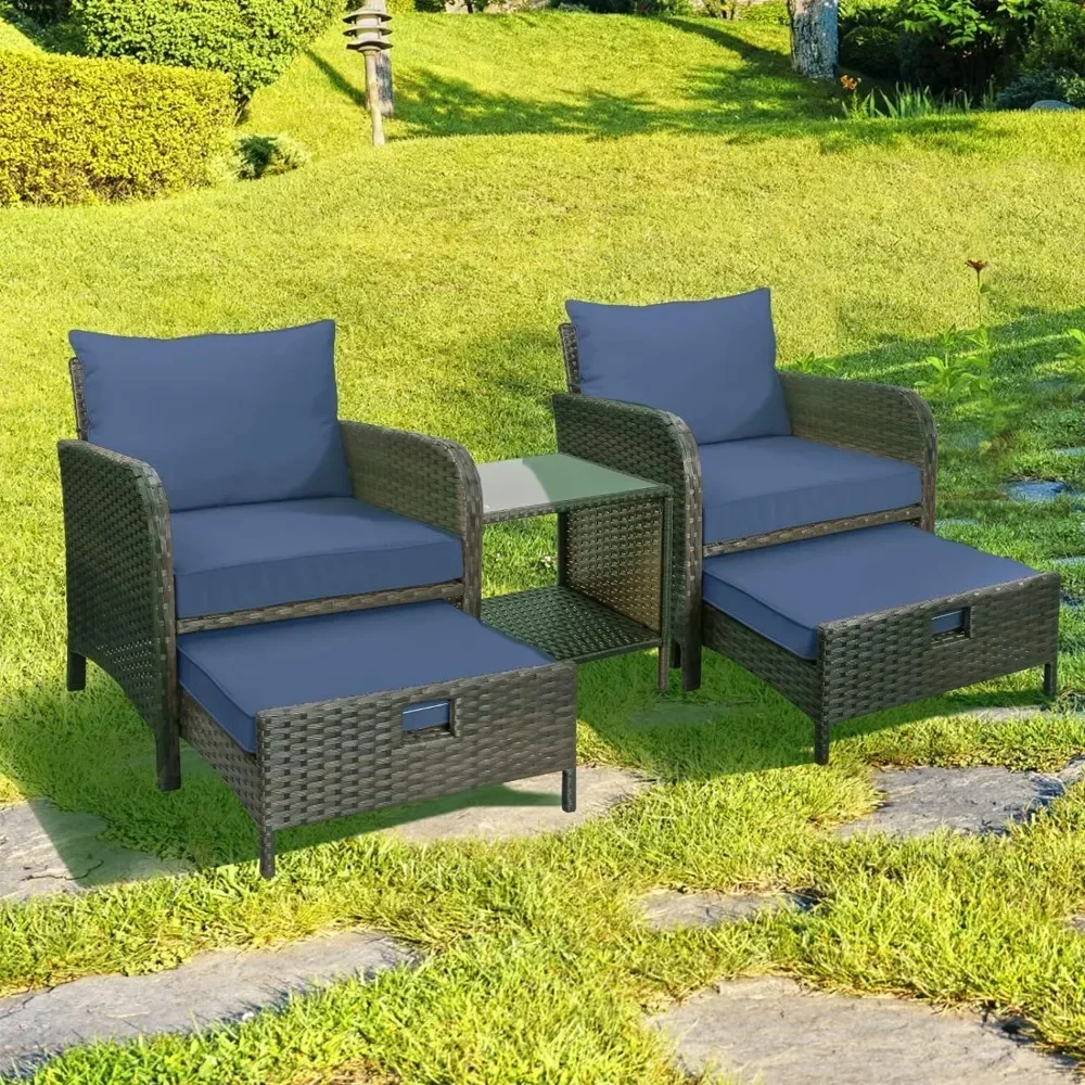 

Outdoor Lounge Chairs 5 Piece Patio Conversation Set, PE Wicker Rattan with Soft Cushions 2 Ottoman&Glass Table for Porch