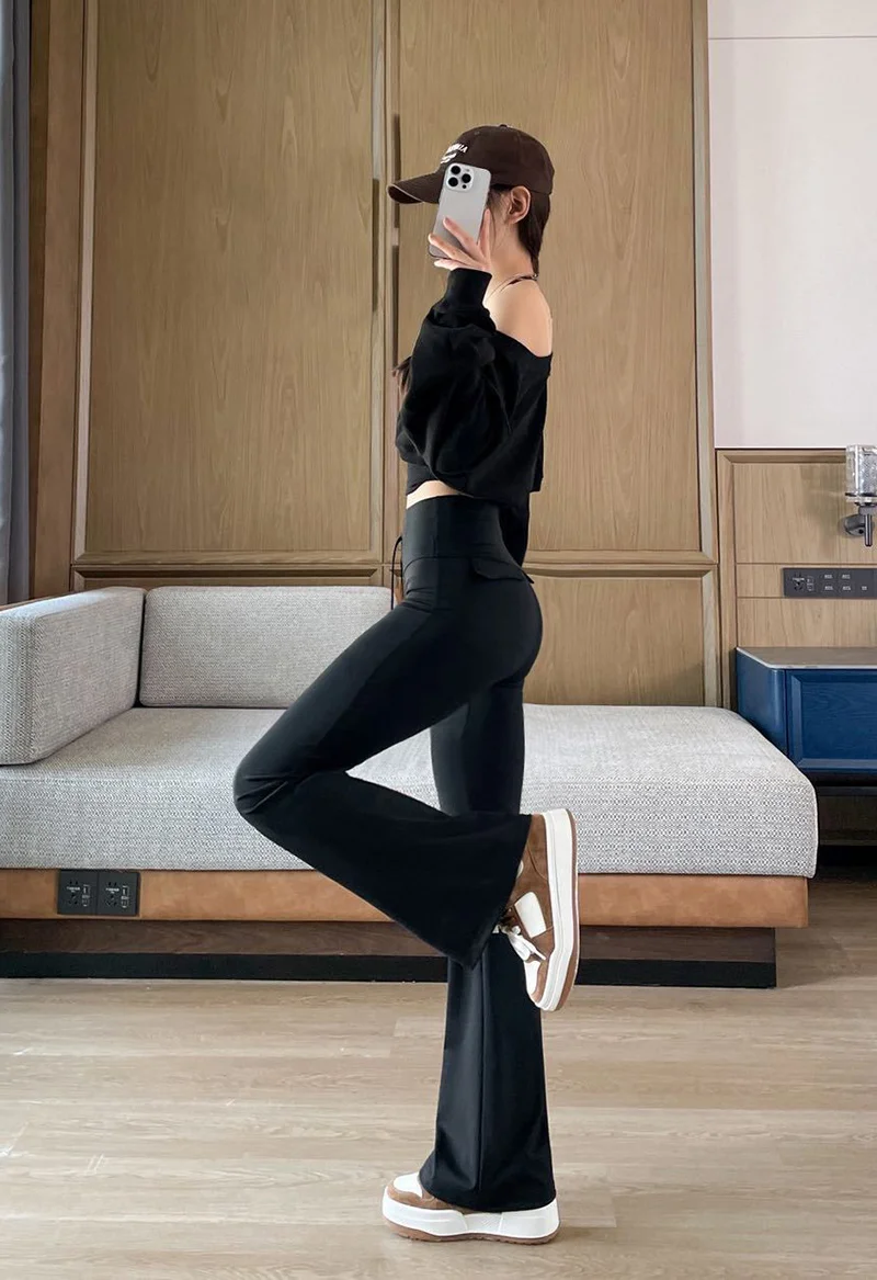 BIVIGAOS Autumn New Drawstring High Waist Micro Flared Leggings Women Slim Fit Elastic Fashionable Casual Sports Flared Pants