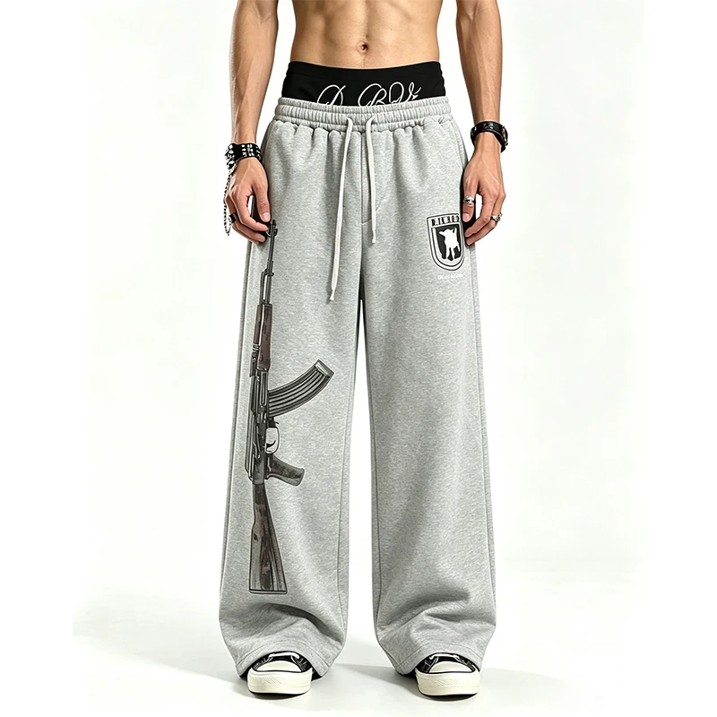 Vintage Street Style Men Baggy Sweatpants Double Layer Waist Design Cool Graphic Print Drawstring Elastic Waist Wide Leg Trouser