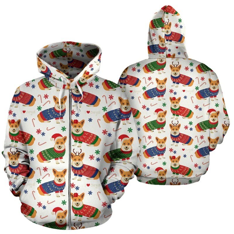 Y2k Christmas Zipper Hoodies Men 3D Printed Casual Men Cute Dogs Animal Graphic Long Sleeve Sweatshirts Oversized Male Clothing