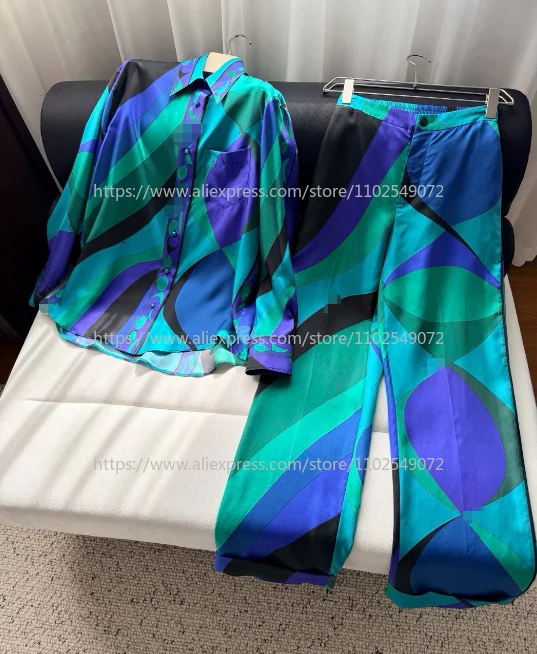 

High Quality Blue Spring Summer Beach Style 2026 Geometric Print Full Sleeve Blouse and Straight-leg Trousers Women Set