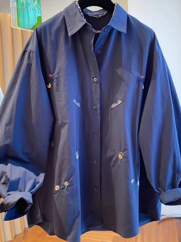 Autêntico primavera faion bordado puro algodão longo sve feminino irt solto emagrecimento topo casual sle ajuste regular