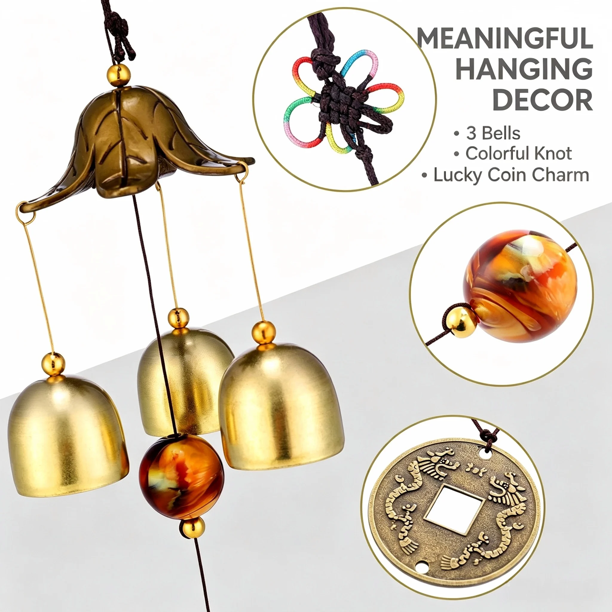Lucky Wind Chimes, 3 Brass Bells Hanging Wind Bell, Clear Crisp Sound, Blessing Decoration for Home, Garden, Patio, Porch, Car,