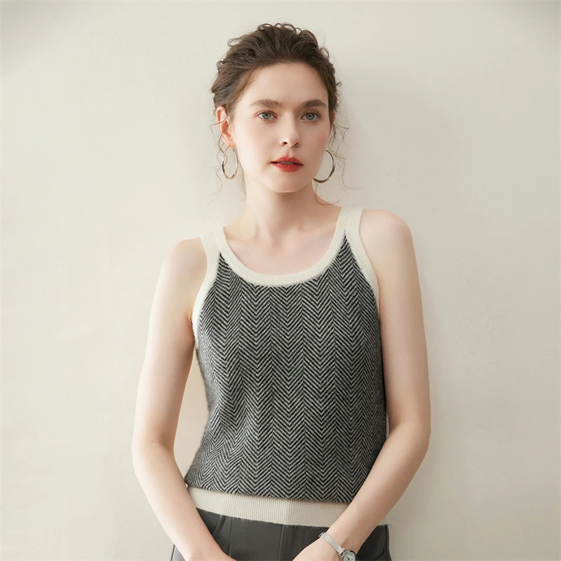 

100% кашемир, женский жилет с рисунком «елочка», повседневный пуловер без рукавов с круглым вырезом, офисный женский кашемировый свитер Baisc Grace, топы