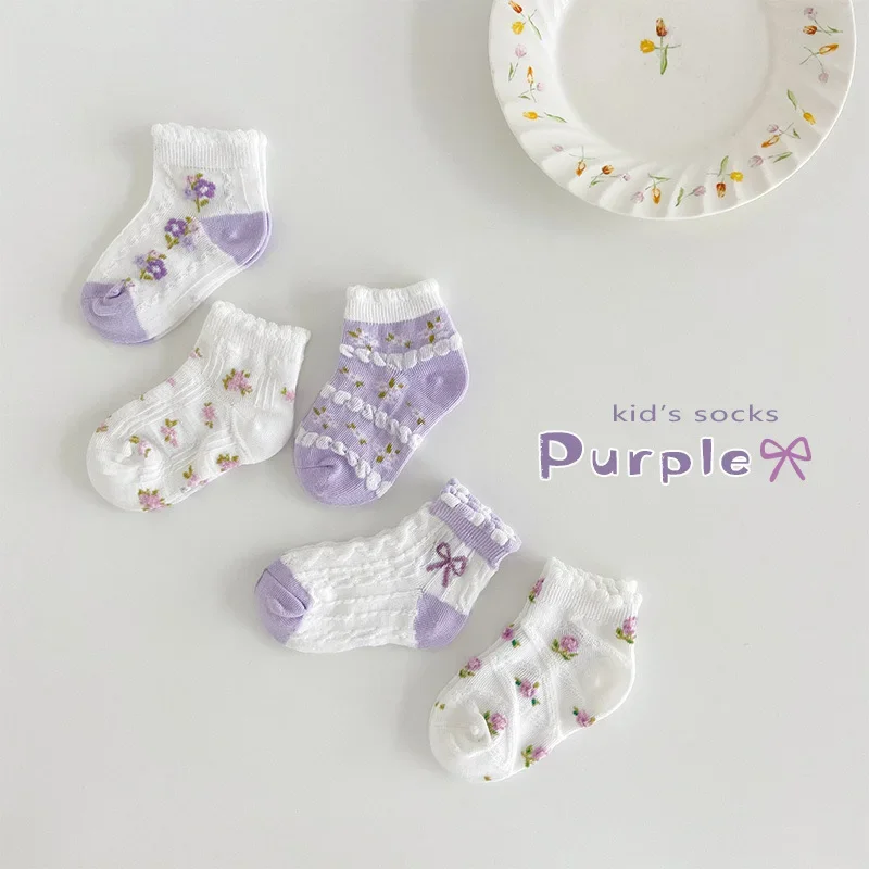 

5 Pairs Kids Girls Ankle Socks Flowers Bow Ties Cotton Solid Cute Lovely Comfortable Sweet Princess Socks For Children Girls