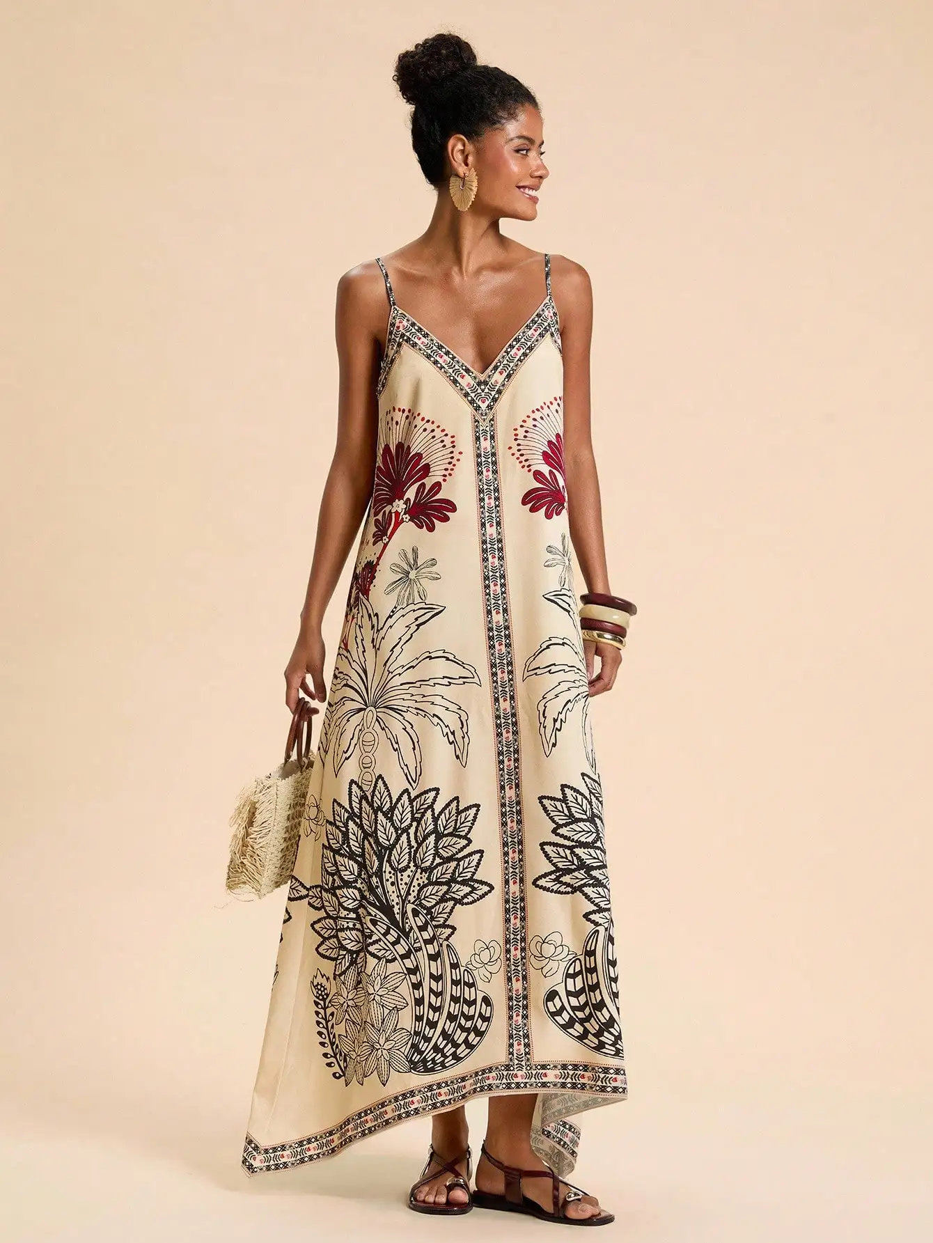 Boho bloemenprint spaghettibandjes jurk met V-hals voor strandvakantie en zomeroutfits