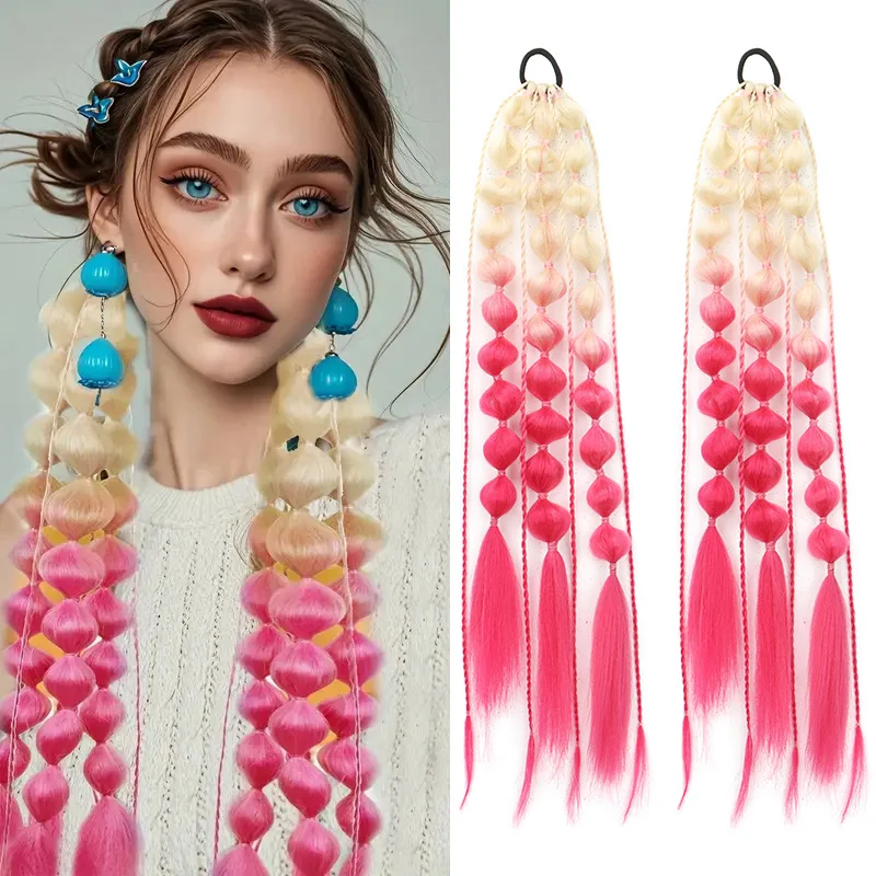 2Pcs Synthetic Ponytail Extension Corlorful Bubble Braid Long Lantern Braided Ponytail Hair Tie Straight Hairpieces for Women