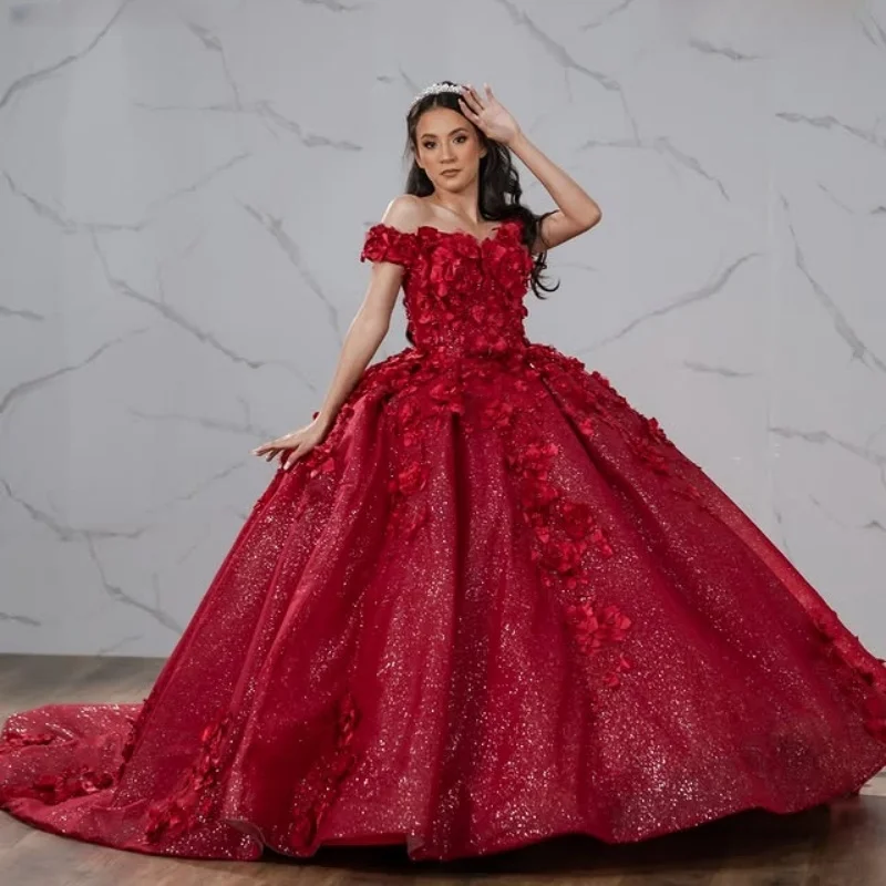 

Блестящие красные платья Quinceanera по индивидуальному заказу с открытыми плечами и тюлевой аппликацией с 3D цветами, многослойное платье Quinceanera Vestido De 15