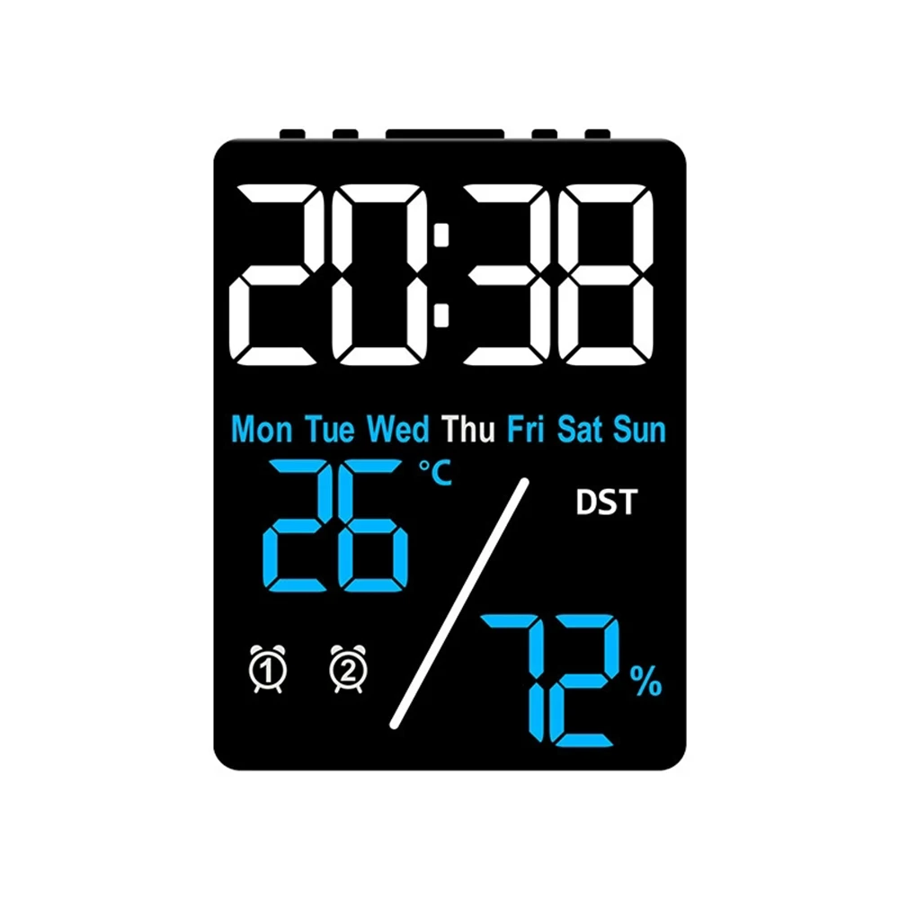 Digital Alarm Clock TEMP Humidity Date Week Disply 2 Alarm Snooze Electronic Table Clock 3-level Brightness 12/24H DST LED Clock