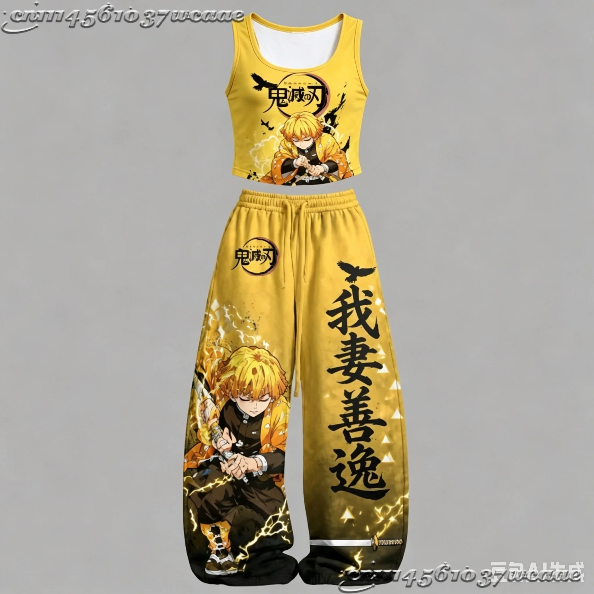 New Universal Tank Top Wide Leg Pants Set Demon Slayer Rengoku Kyojuro Flame Colorful Anime Print Two Piece Outfit Family Kids