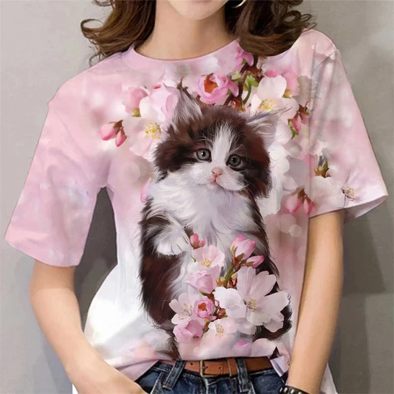 Women's Casual Fashion Y2k Tops Summer 3D Cute Animal Cat Print Short Sleeve Tees O-neck Funny Tops Female Tshirt Kawaii Clothes